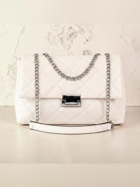 Quince Cream  Quilted Chain Shoulder Bag Ivory DesignerLeather Turn Lock NWT